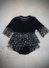 Load image into Gallery viewer, GB PARTY COLLECTION : One of a Kind Celestial Set + Peplum Top & Bloomers in Onyx 12-18M ready to ship