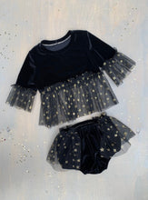 Load image into Gallery viewer, GB PARTY COLLECTION : One of a Kind Celestial Set + Peplum Top & Bloomers in Onyx 12-18M ready to ship
