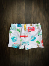 Load image into Gallery viewer, BAJA SWIM SHORTIES in Surfs Up + Baby/Toddler Swimsuit, Kids Swimsuit, Swim Shorts, Toddler Swim Trunks, Euro Style Swim Shorties
