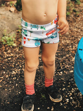 Load image into Gallery viewer, BAJA SWIM SHORTIES in Surfs Up + Baby/Toddler Swimsuit, Kids Swimsuit, Swim Shorts, Toddler Swim Trunks, Euro Style Swim Shorties
