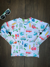 Load image into Gallery viewer, BAJA RASHGUARD in Surfs Up + Baby/Toddler Swimsuit, Kids Swimsuit, Swim Shirt