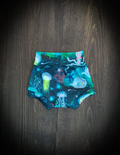 Load image into Gallery viewer, BAJA BEACH BUMMIES in Bioluminescence + High Waisted Baby/Toddler Swimsuit, Kids Swimsuit, Swim Shorts, Toddler Swim Trunks,