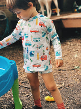 Load image into Gallery viewer, BAJA RASHGUARD in Surfs Up + Baby/Toddler Swimsuit, Kids Swimsuit, Swim Shirt
