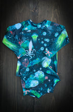 Load image into Gallery viewer, BAJA BEACH BUMMIES in Bioluminescence + High Waisted Baby/Toddler Swimsuit, Kids Swimsuit, Swim Shorts, Toddler Swim Trunks,
