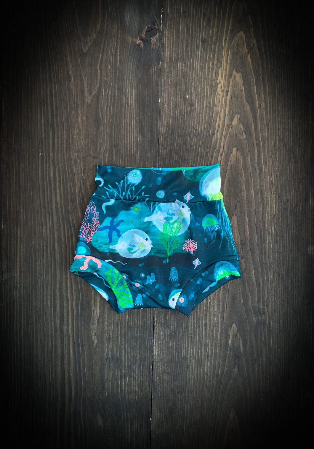 BAJA BEACH BUMMIES in Bioluminescence + High Waisted Baby/Toddler Swimsuit, Kids Swimsuit, Swim Shorts, Toddler Swim Trunks,
