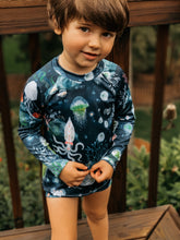 Load image into Gallery viewer, BAJA SHORTSLEEVED RASHGUARD in Bioluminescence + Baby/Toddler Swimsuit, Kids Swimsuit, Swim Shirt, Kids Surf Shirt
