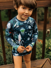 Load image into Gallery viewer, BAJA BEACH BUMMIES in Bioluminescence + High Waisted Baby/Toddler Swimsuit, Kids Swimsuit, Swim Shorts, Toddler Swim Trunks,
