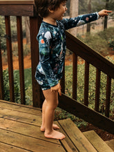 Load image into Gallery viewer, BAJA BEACH BUMMIES in Bioluminescence + High Waisted Baby/Toddler Swimsuit, Kids Swimsuit, Swim Shorts, Toddler Swim Trunks,
