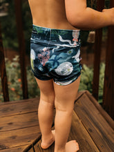 Load image into Gallery viewer, BAJA BEACH BUMMIES in Bioluminescence + High Waisted Baby/Toddler Swimsuit, Kids Swimsuit, Swim Shorts, Toddler Swim Trunks,
